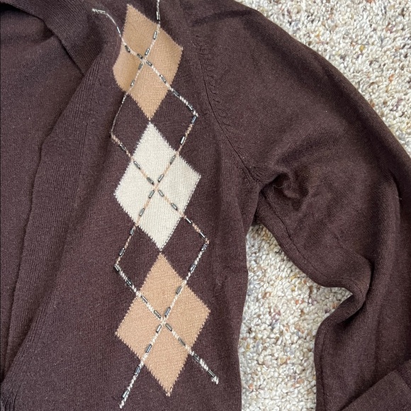 Vintage Abercrombie & Fitch Silk Cashmere Wool Argyle Cardigan M Brown Y2K - Picture 3 of 8
